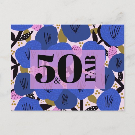 50 en Fabulous 50th Verjaardag Blauw Goud Bloemen Briefkaart (Voorkant)