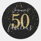 50 en Fabulous 50th Verjaardag Goud Zwart Script Ronde Sticker (Voorkant)