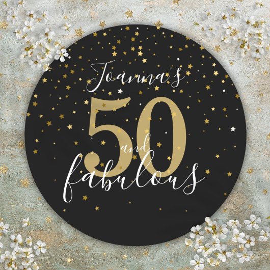 50 en Fabulous 50th Verjaardag Goud Zwart Script Ronde Sticker