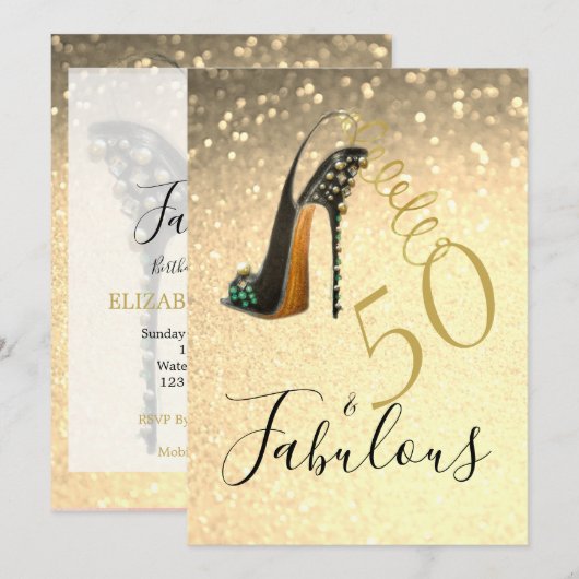 50 en Fabulous 5eth Elegant Glitter Gold Kaart (Voorkant / Achterkant)