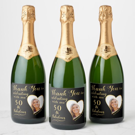 50 en Fabulous Bedankt Verjaardag Zwart en Goud Sparkling Wijnetiket (Flessen)