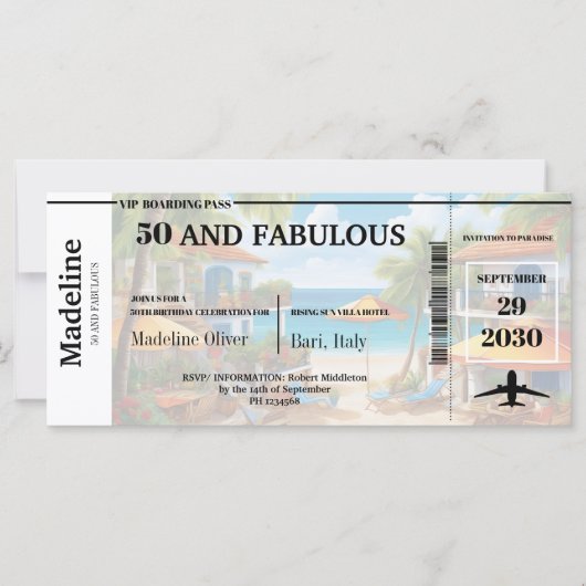 50 en Fabulous Bestemming Boarding Pass Verjaardag (Voorkant)