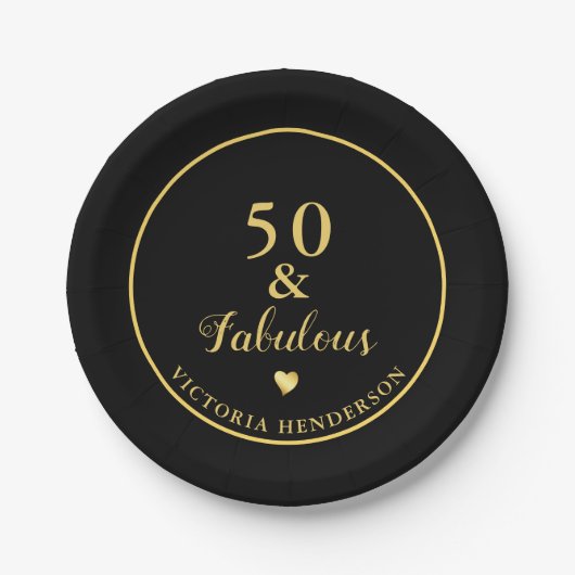 50 en Fabulous Birthday Black en Gold Papieren Bordje (Voorkant)
