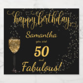 50 en Fabulous Birthday Black en Gold Sparkling Wijnetiket (Enkel label)