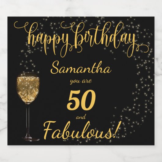 50 en Fabulous Birthday Black en Gold Sparkling Wijnetiket (Enkel label)