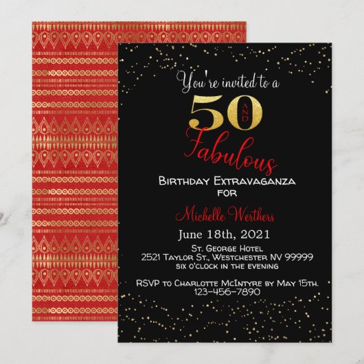 50 en Fabulous Birthday Black Red Gold Glitter Kaart (Voorkant / Achterkant)