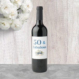 50 en Fabulous Birthday Blue op maat Wijn Etiket