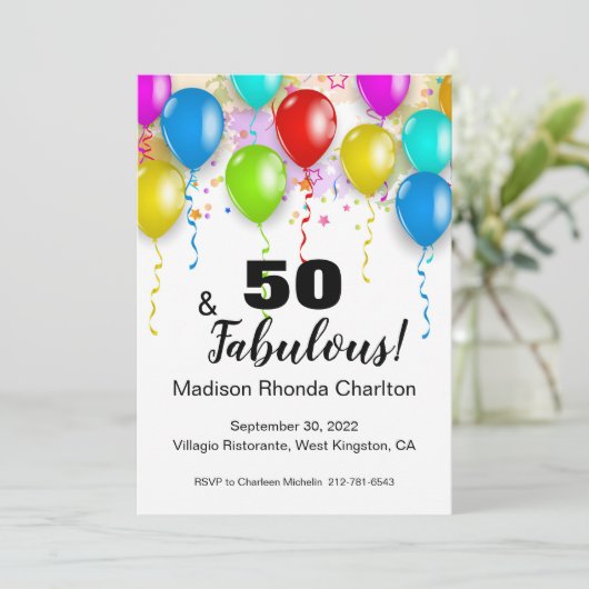 50 en Fabulous Birthday Bright Balloon uitnodiging (Staand voorkant)
