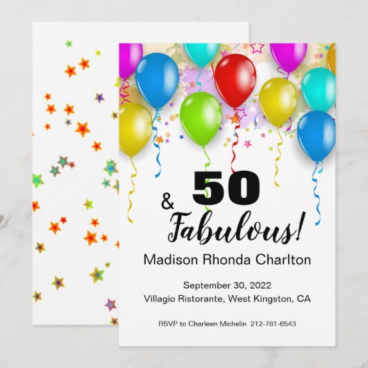 50 en Fabulous Birthday Bright Balloon uitnodiging (Voorkant / Achterkant)
