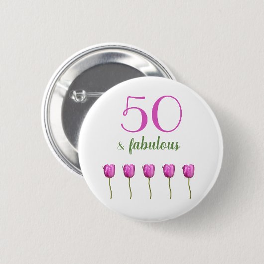 50 en Fabulous Birthday Button | Magenta Tulip (Voorkant /achterkant)