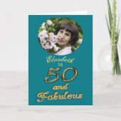 50 en Fabulous Birthday Gold Blauwgroen Blauw 50e  Kaart (Voorkant)
