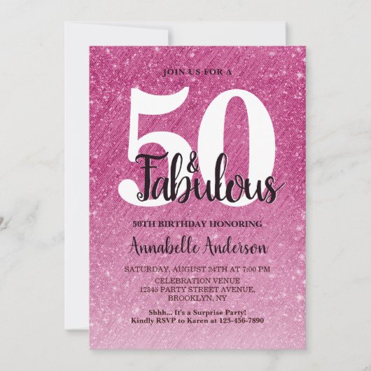 50 en Fabulous Birthday Hot Pink Sparkle Tinsel Kaart (Voorkant)
