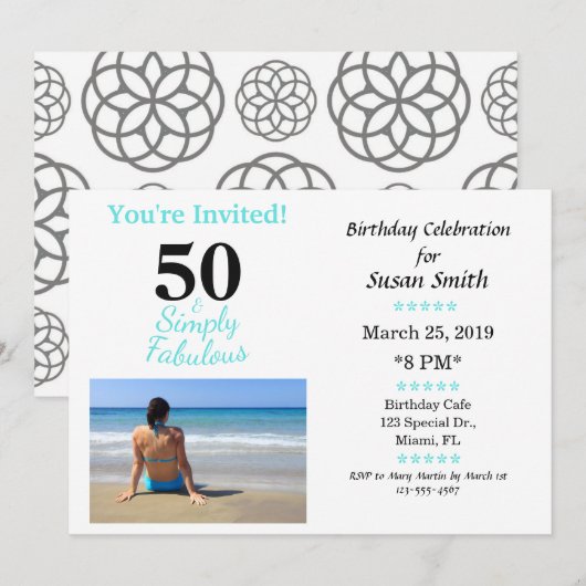 50 en Fabulous Birthday Invitation Simple Blue Kaart (Voorkant / Achterkant)