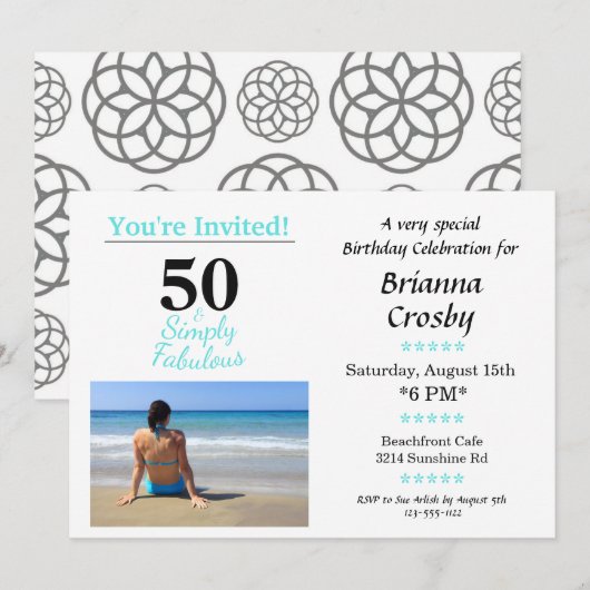 50 en Fabulous Birthday Invitation Simple Blue Kaart (Voorkant / Achterkant)