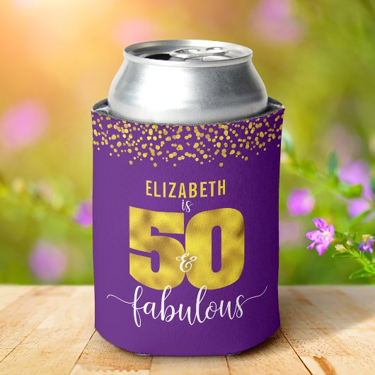 50 en fabulous birthday paarse gouden glitter stip blikjeskoeler