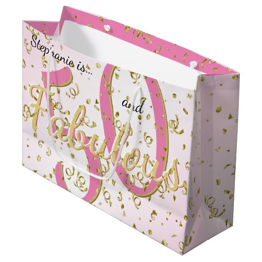 50 en Fabulous Birthday Party Fun Pink/Gold Large Groot Cadeauzakje (Voorkant Gekanteld)