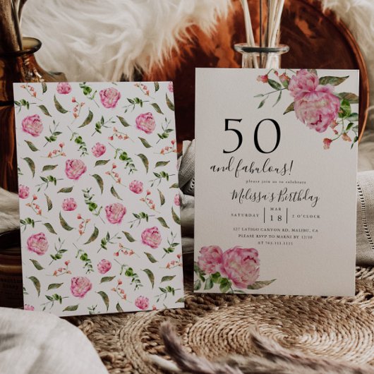 50 en Fabulous Birthday Party Pink Floral Kaart