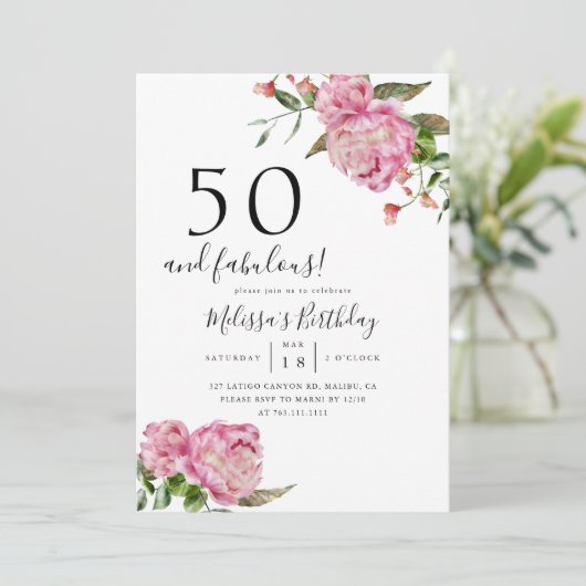 50 en Fabulous Birthday Party Pink Floral Kaart (Staand voorkant)