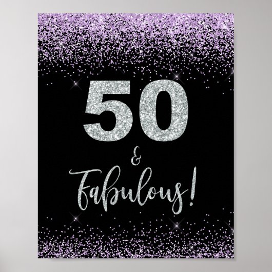 50 en Fabulous Birthday Party Sign Black & Paars Poster (Voorkant)