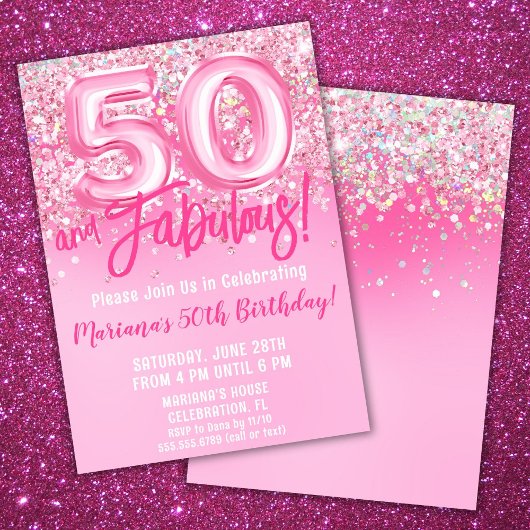 50 en Fabulous Birthday Pink Glitter Kaart