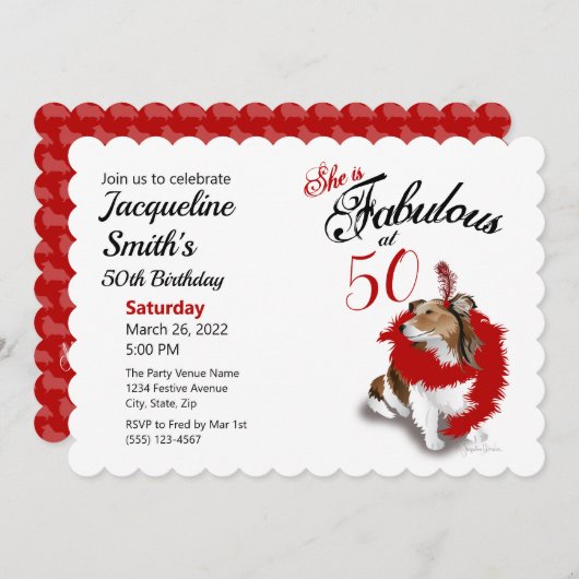 50 en Fabulous Birthday Sheltie Dog Red Invitatio Kaart (Voorkant / Achterkant)