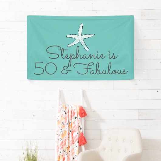 50 en Fabulous Birthday Starfish Beach Blauwgroen  Spandoek (Insitu)