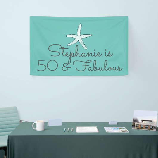 50 en Fabulous Birthday Starfish Beach Blauwgroen Spandoek (Beurs)