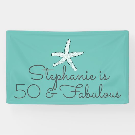 50 en Fabulous Birthday Starfish Beach Blauwgroen  Spandoek (Horizontaal)