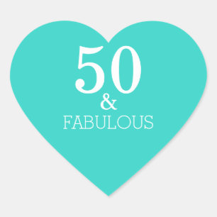 50 en Fabulous Birthday White Turquoise Blue Hart Sticker