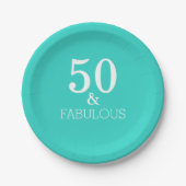 50 en Fabulous Birthday White Turquoise Blue Papieren Bordje (Voorkant)