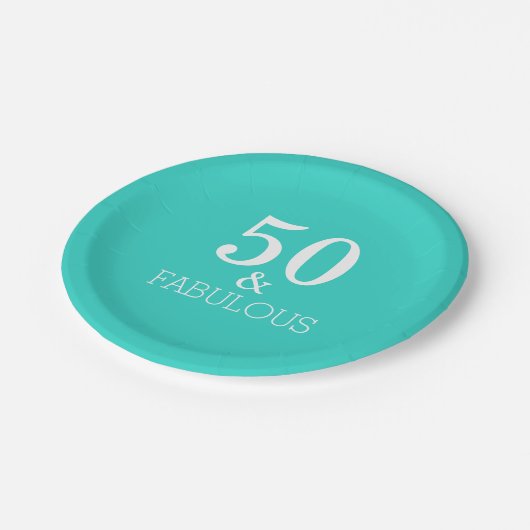 50 en Fabulous Birthday White Turquoise Blue Papieren Bordje (Gekanteld)
