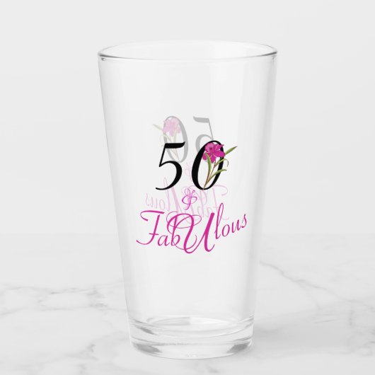 50 en Fabulous Birthday with Pink Flower Accent Glas (Voorkant)