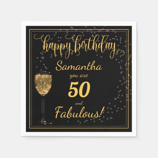 50 en Fabulous Black and Gold Birthday Sjabloon Servet (Voorkant)