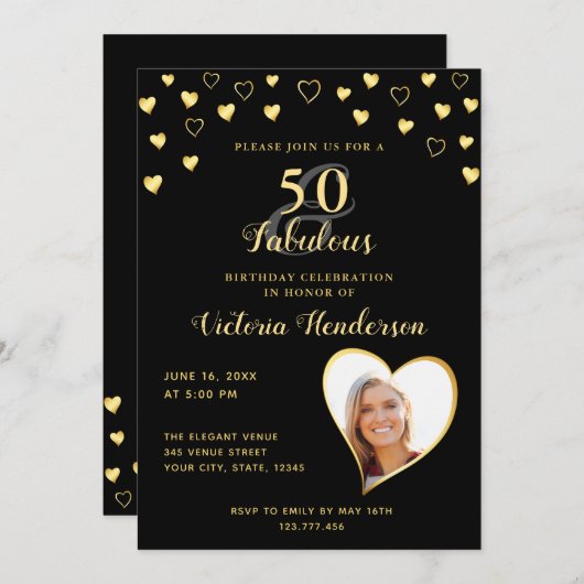 50 en Fabulous Black en Gold Birthday Kaart (Voorkant / Achterkant)