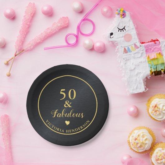 50 en Fabulous Black en Gold Birthday Papieren Bordje (Feest)