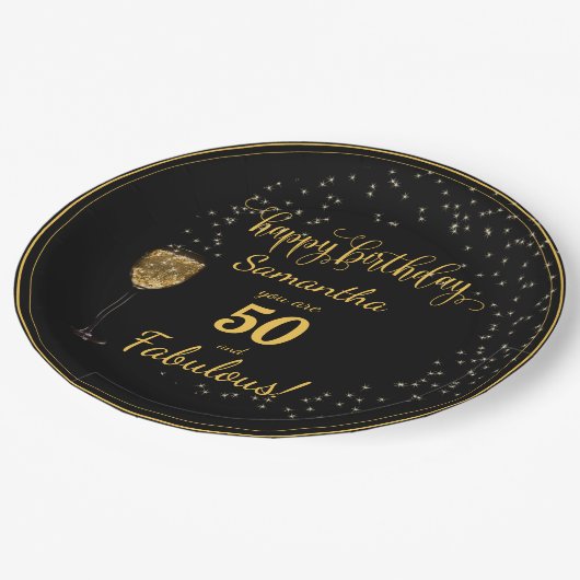 50 en Fabulous Black en Gold Birthday Papieren Bordje (Gekanteld)