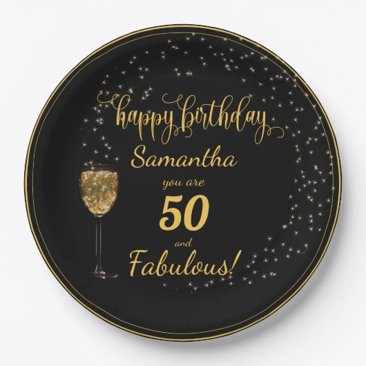 50 en Fabulous Black en Gold Birthday Papieren Bordje (Voorkant)