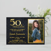 50 en Fabulous Black Gold Birthday Folie Uitnodiging (Staand Voorkant)