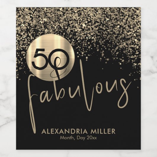 50 en Fabulous Black Gold Birthday Wijn Etiket (Enkel label)