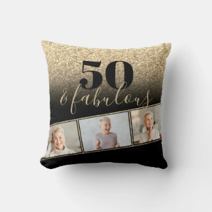 50 en Fabulous Black & Gold Faux Glitter Photo Kussen