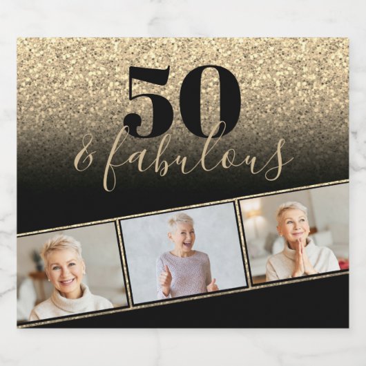 50 en Fabulous Black & Gold Faux Glitter Photo Sparkling Wijnetiket (Enkel label)
