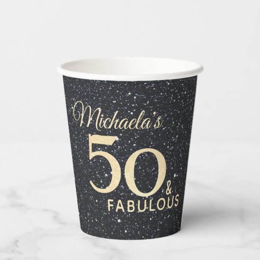 50 en Fabulous Black Gold Fiftieth Birthday Papieren Bekers (Achterkant)