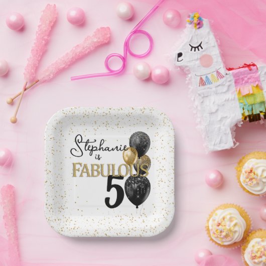 50- en Fabulous Black Gold Glam Square-Bord Papieren Bordje (Feest)