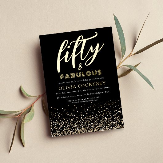 50 en Fabulous Black Gold Glitter Birthday Folie Uitnodiging