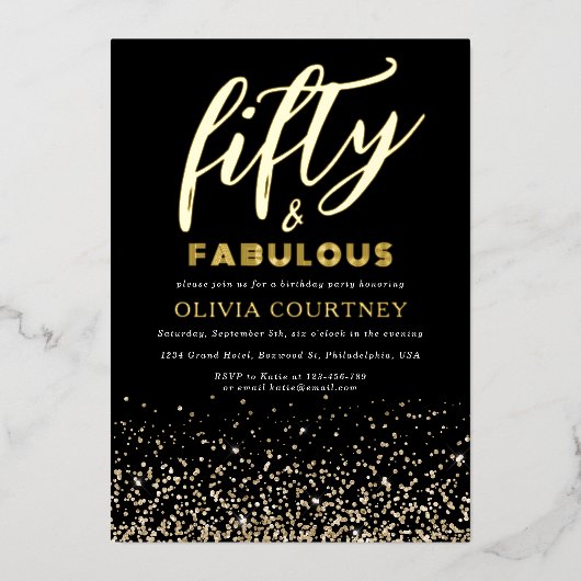 50 en Fabulous Black Gold Glitter Birthday Folie Uitnodiging (Voorkant)