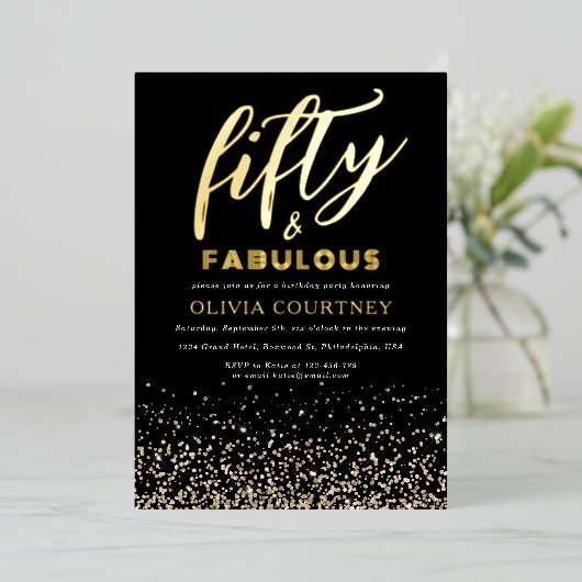 50 en Fabulous Black Gold Glitter Birthday Folie Uitnodiging (Staand Voorkant)