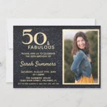 50 en Fabulous Black Gold Glitter Birthday