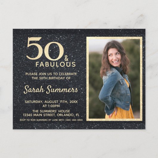 50 en Fabulous Black Gold Glitter Birthday Uitnodiging Briefkaart (Voorkant)