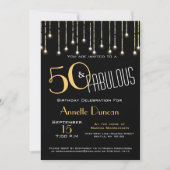 50 en Fabulous Black Gold Lights Glam Invitation Kaart (Voorkant)