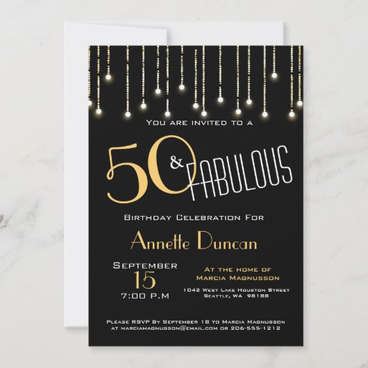 50 en Fabulous Black Gold Lights Glam Invitation Kaart (Voorkant)